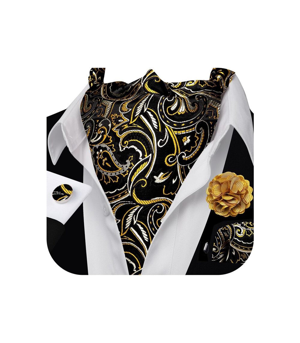 8363 Ascot Ties Cravat Self Tie Set Paisley Black Gold Scarf with Pocket